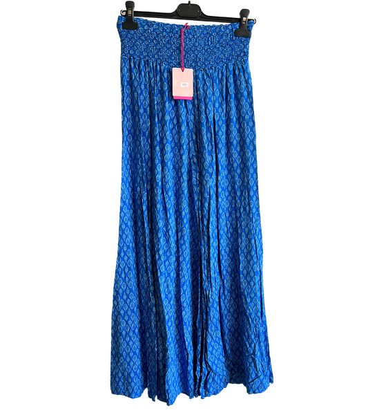 Leaf Print Wide Leg Summer Palazzo Trousers In Blue