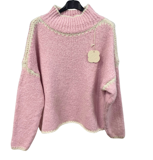 Soft Knitted Italian High Neck Jumper with Blanket Stitch Edging in Pink