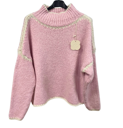 Soft Knitted Italian High Neck Jumper with Blanket Stitch Edging