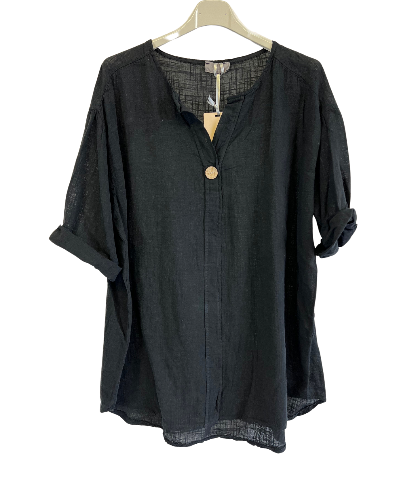 Oversized Cotton & Linen Blend One Button Top in Black