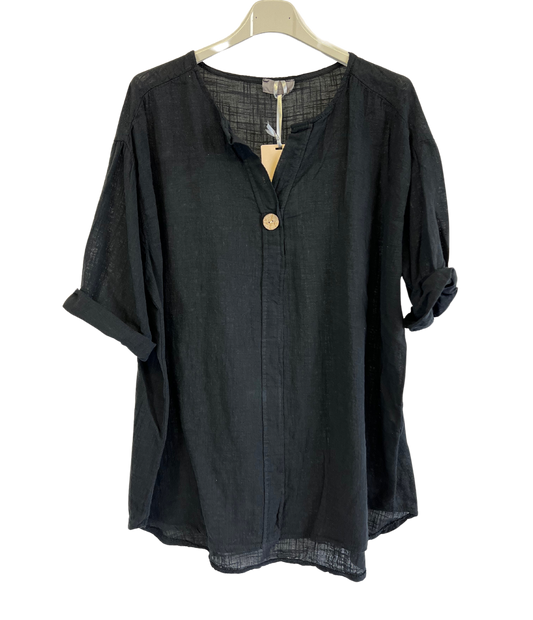 Oversized Cotton & Linen Blend One Button Top in Black