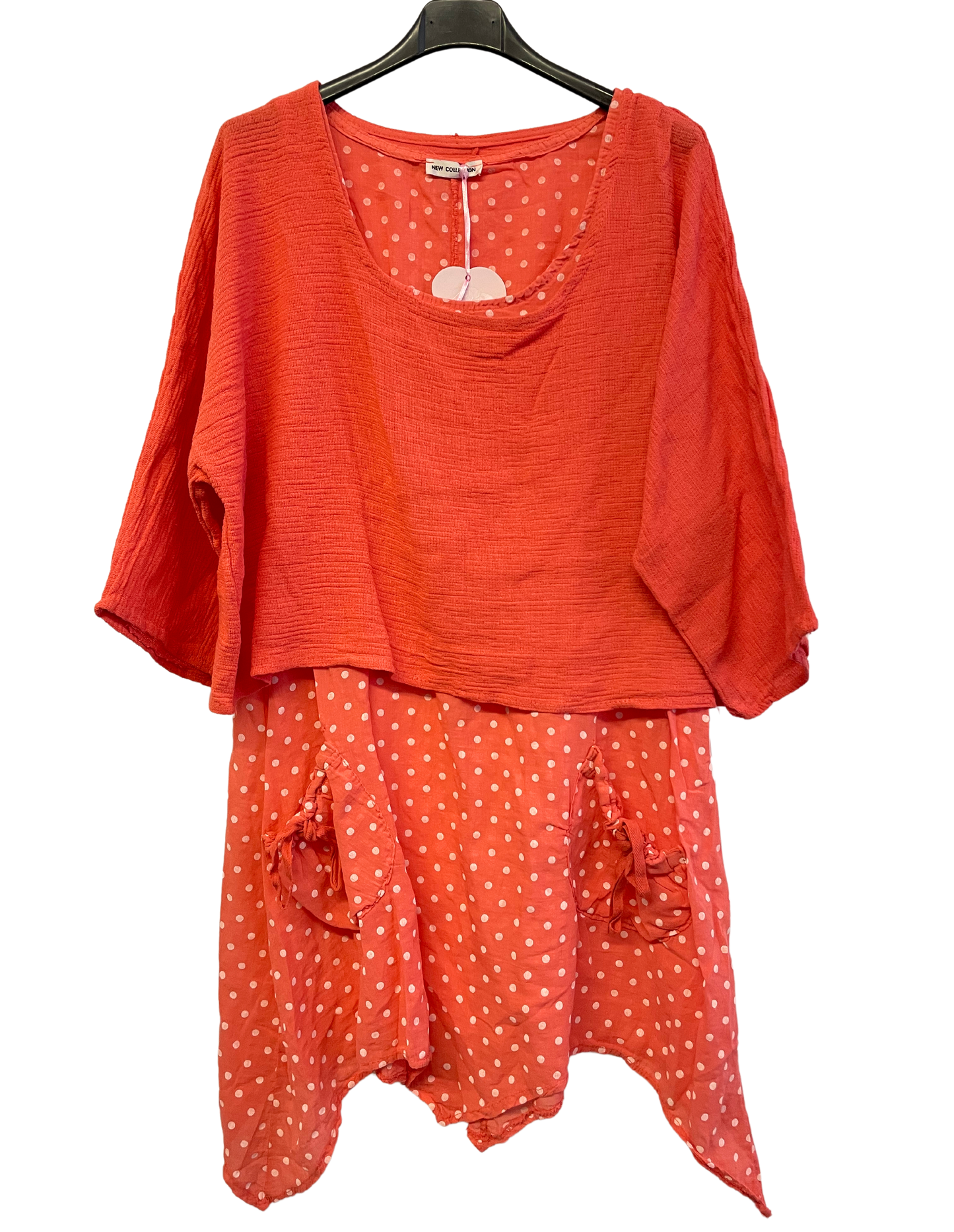 2 Piece Spot Dress Asymmetric Hem with Plain Crop Top in Coral