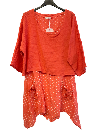 2 Piece Spot Dress Asymmetric Hem with Plain Crop Top in Coral