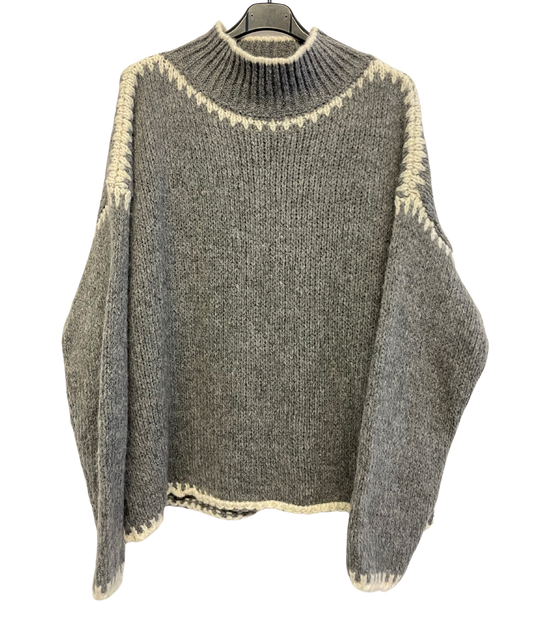 Soft Knitted Italian High Neck Jumper with Blanket Stitch Edging in Mid Grey