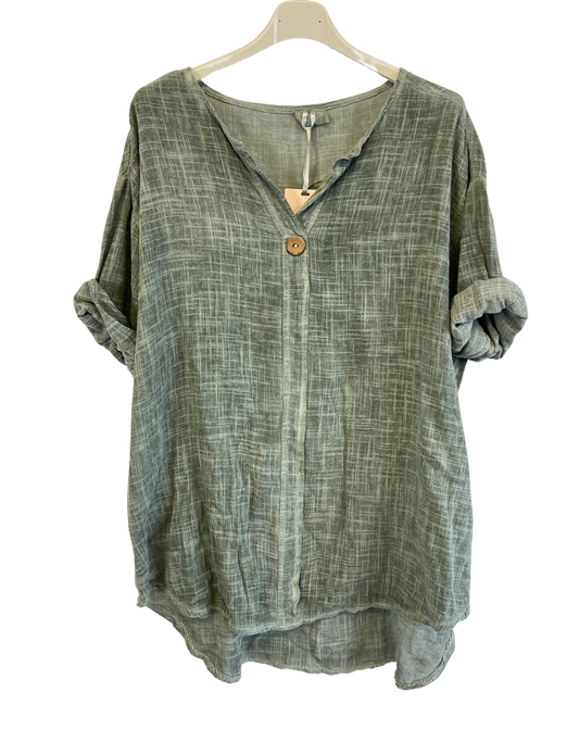 Oversized Cotton & Linen Blend One Button Top in Khaki