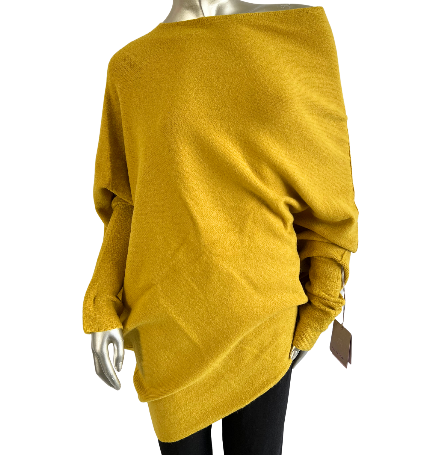 Asymmetric Draped Slouch Neck Soft Jumper with Long Fitted Sleeves in Mustard Yellow