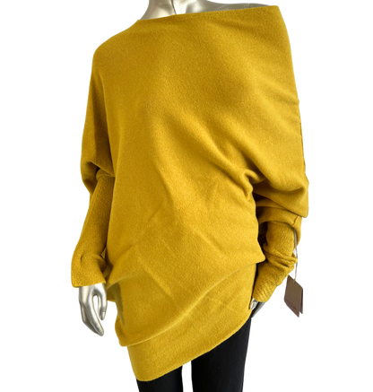 Asymmetric Draped Slouch Neck Soft Jumper with Long Fitted Sleeves in Mustard Yellow