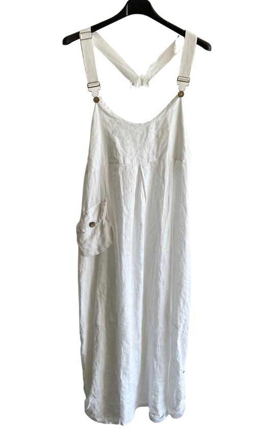 Lightweight Summer Linen Dungaree Dress in White