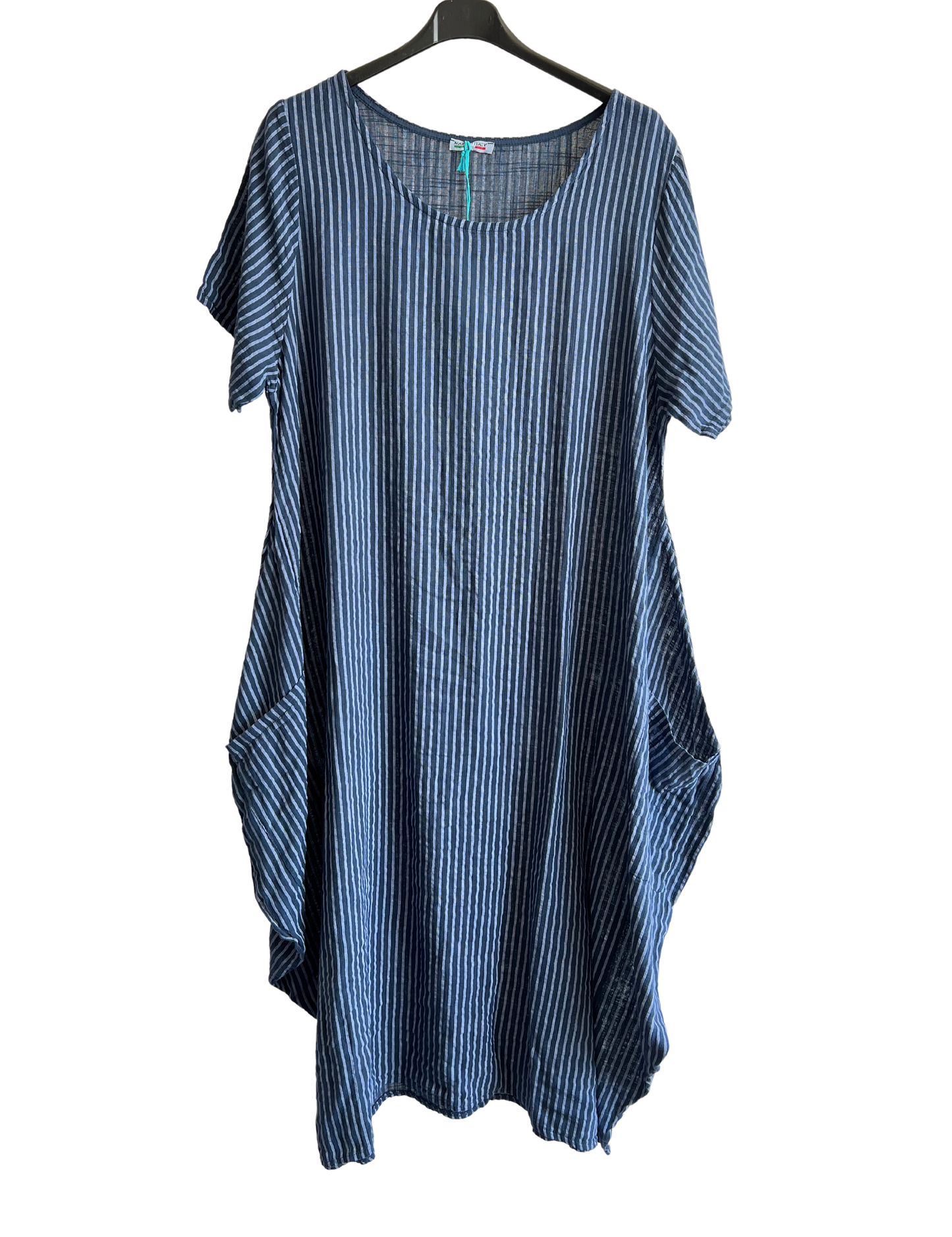 Lagenlook Stripe Cotton Summer Long Dress In Navy