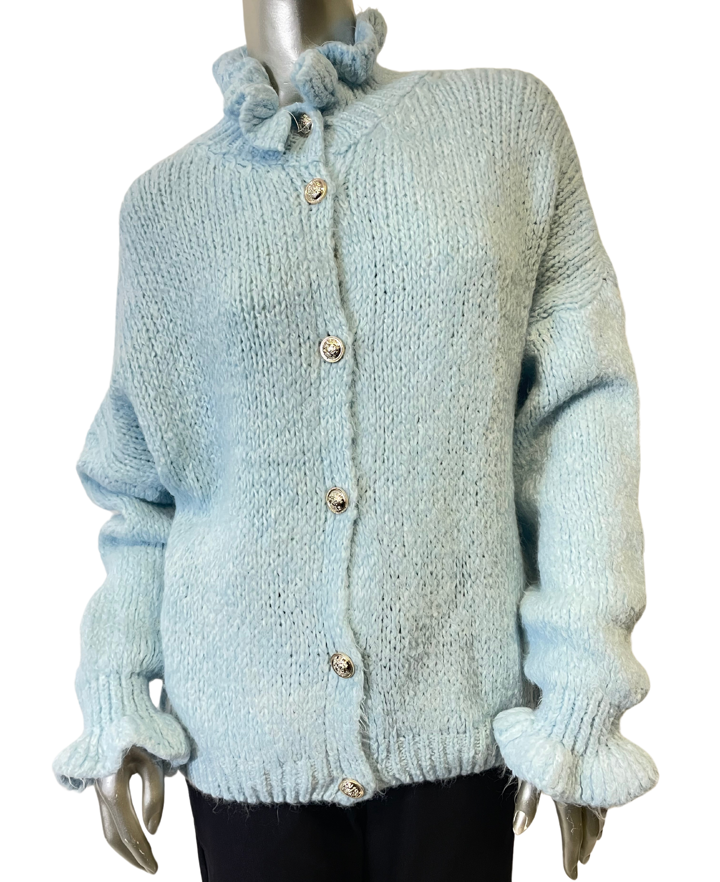 Chunky Knit Italian Ruffled High Neck Long Sleeve Button Cardigan in Light Blue