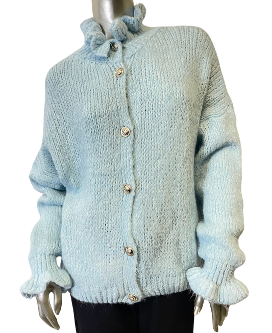 Chunky Knit Italian Ruffled High Neck Long Sleeve Button Cardigan in Light Blue