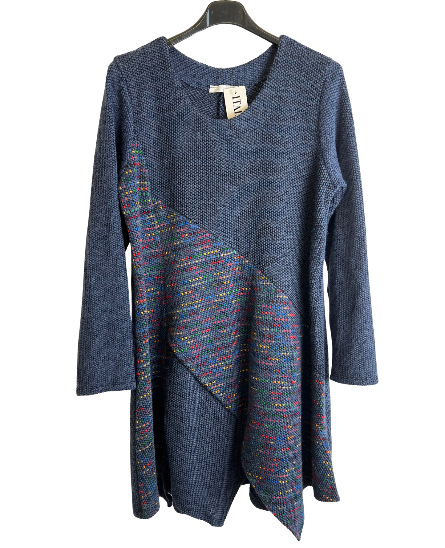 Lagenlook Italian Knitted Long Sleeve Knee Length Tunic Dress in Denim Blue