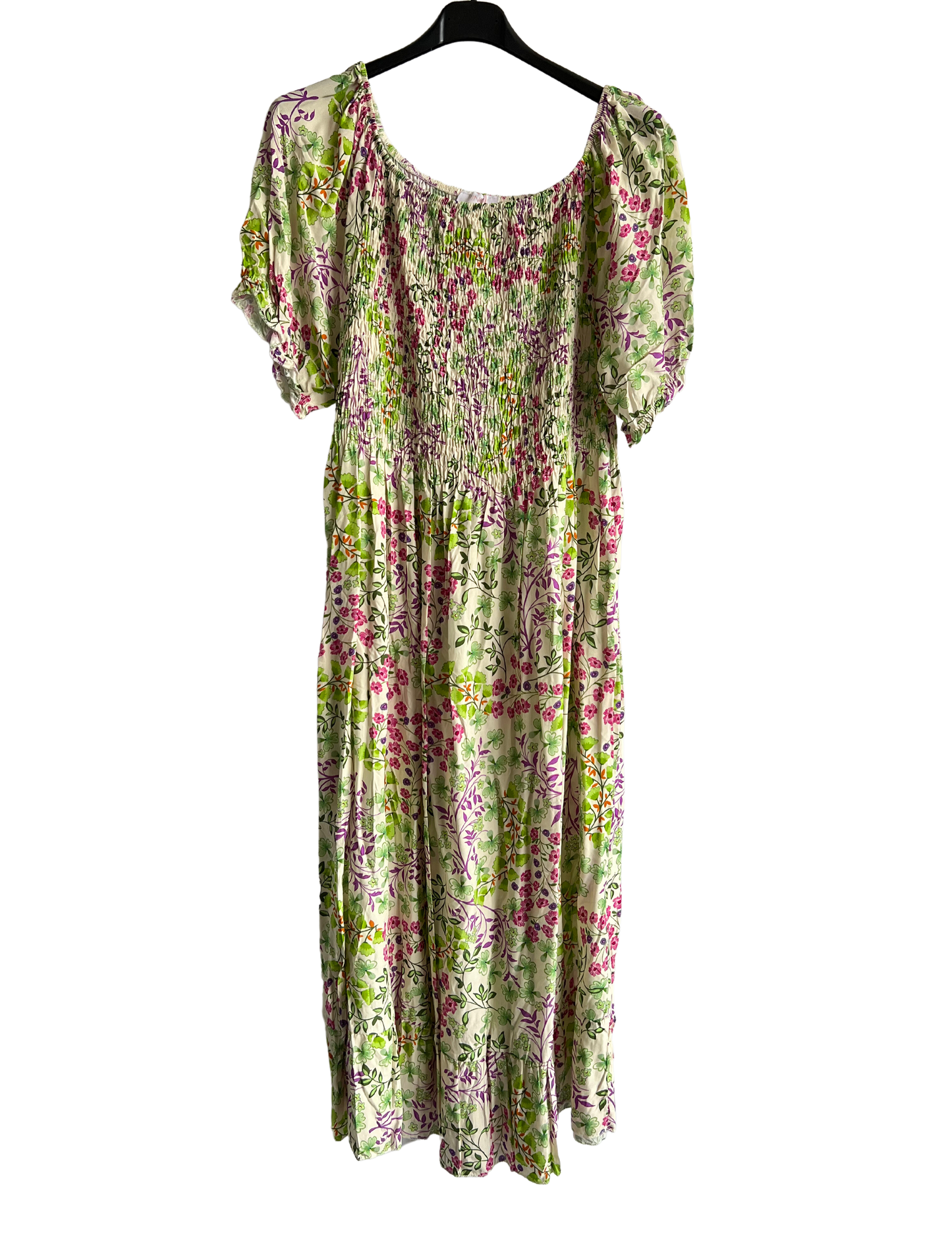 Flower Print Design Long Summer Dress in Green/Purple/Pink