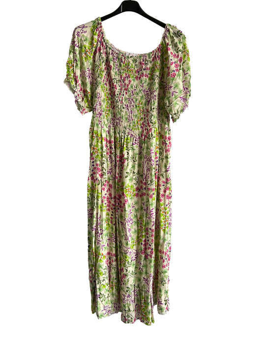 Flower Print Design Long Summer Dress in Green/Purple/Pink