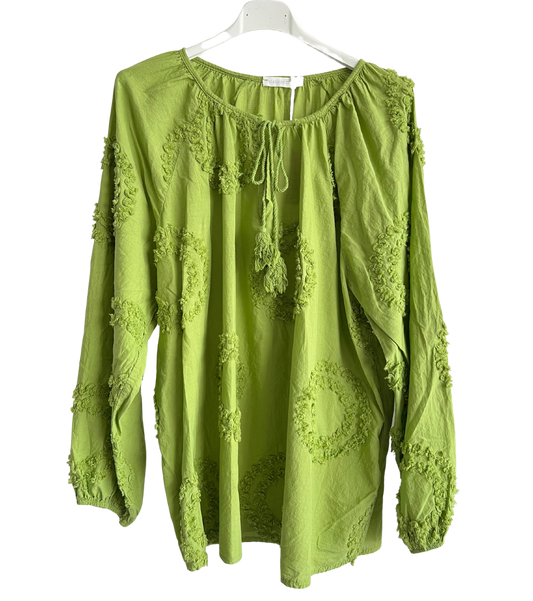 Summer Tassel Tie Cotton Circle Pattern Top In Lime Green