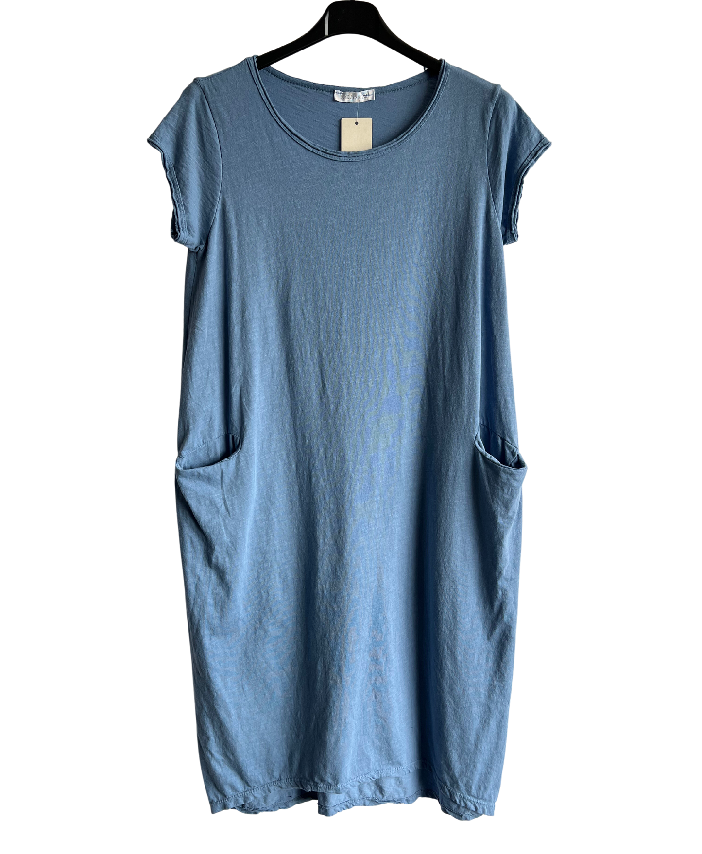 Quirky Soft Cotton Stretch 2 Pocket Long Tunic Dress In Denim Blue