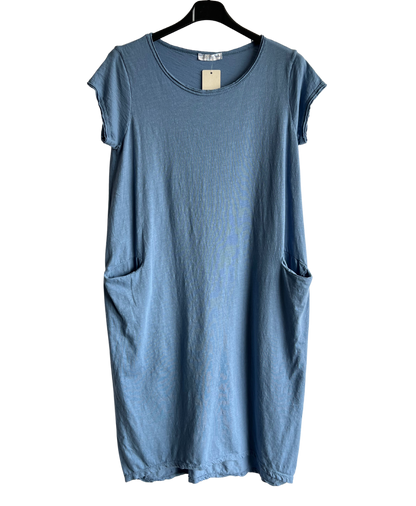 Quirky Soft Cotton Stretch 2 Pocket Long Tunic Dress In Denim Blue