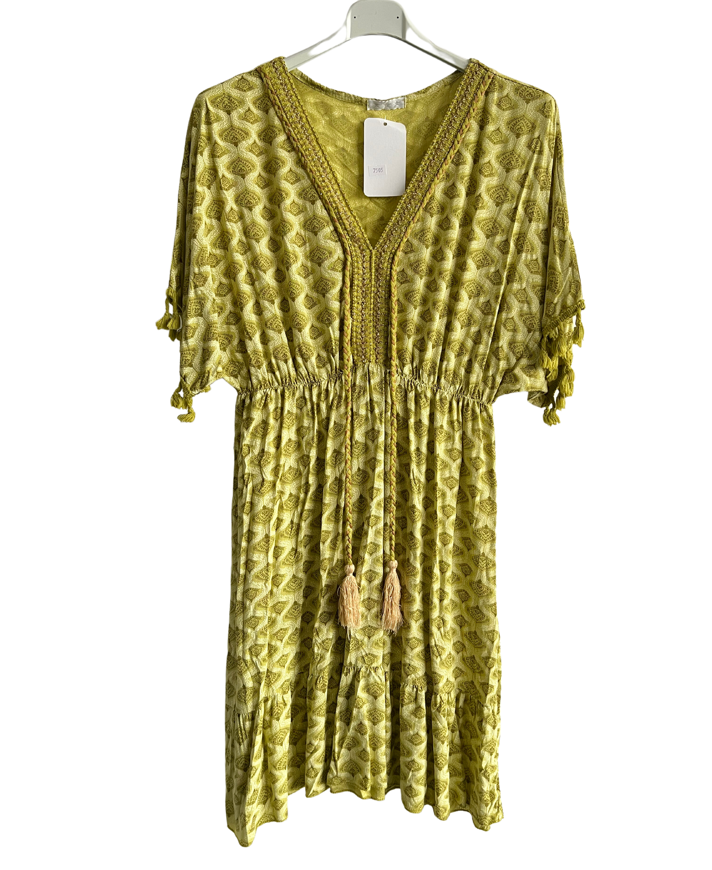 Summer Lightweight Tassel Tie Dye Mid Length Dress In Mustard Yellow