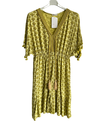 Summer Lightweight Tassel Tie Dye Mid Length Dress In Mustard Yellow