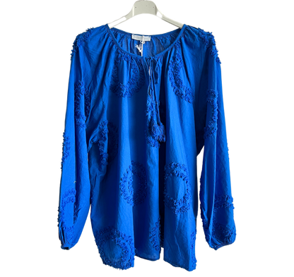 Summer Tassel Tie Cotton Circle Pattern Top In Royal Blue