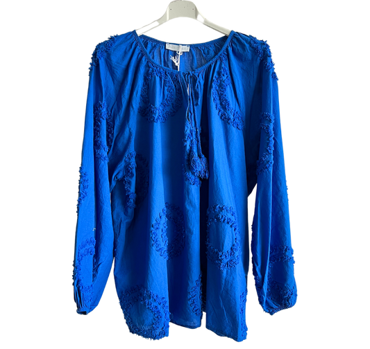 Summer Tassel Tie Cotton Circle Pattern Top In Royal Blue