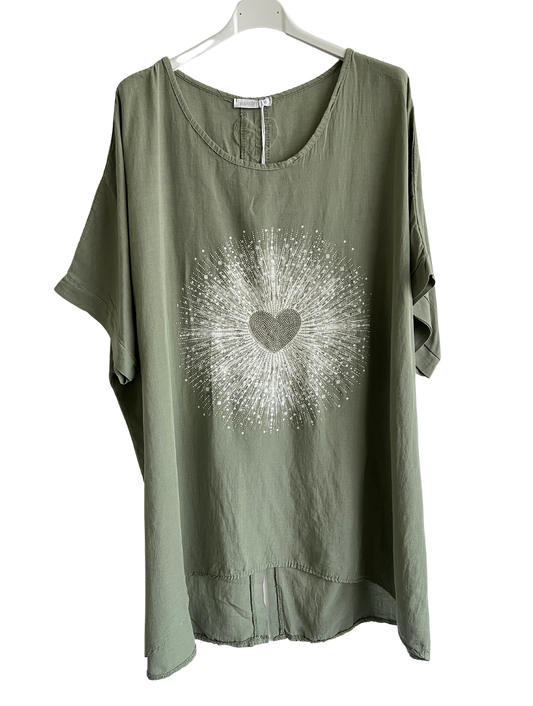 Heart Sequin Burst Effect Tie Dye Top In Khaki