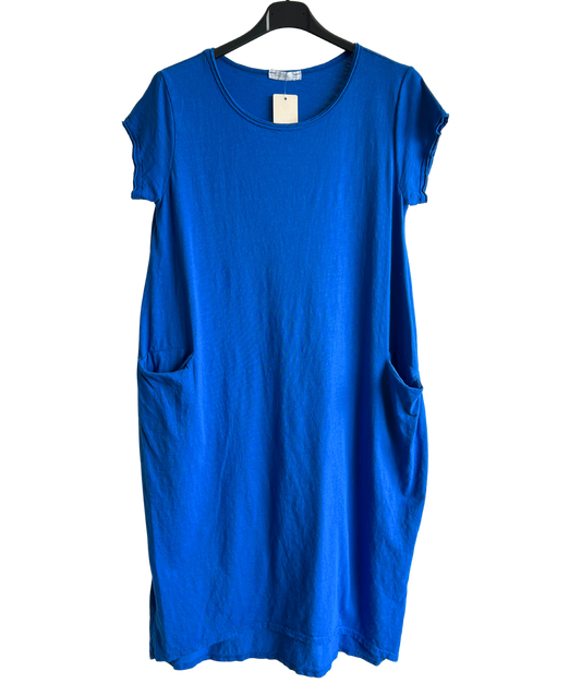 Quirky Soft Cotton Stretch 2 Pocket Long Tunic Dress In Royal Blue