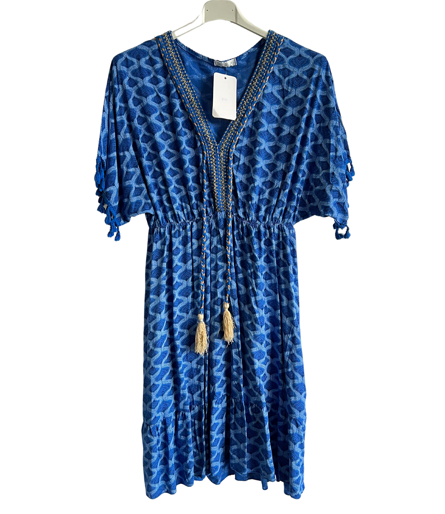 Summer Lightweight Tassel Tie Dye Mid Length Dress In Royal Blue