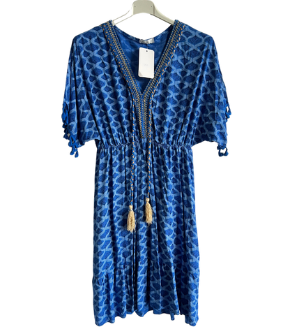 Summer Lightweight Tassel Tie Dye Mid Length Dress In Royal Blue