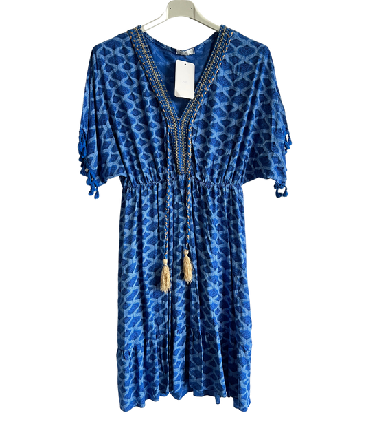 Summer Lightweight Tassel Tie Dye Mid Length Dress In Royal Blue