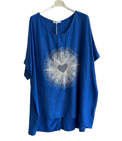 Heart Sequin Burst Effect Tie Dye Top In Royal Blue