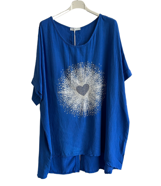 Heart Sequin Burst Effect Tie Dye Top In Royal Blue