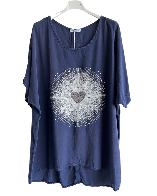 Heart Sequin Burst Effect Tie Dye Top In Navy