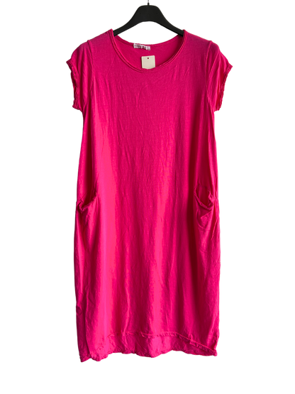 Quirky Soft Cotton Stretch 2 Pocket Long Tunic Dress In Fuchsia