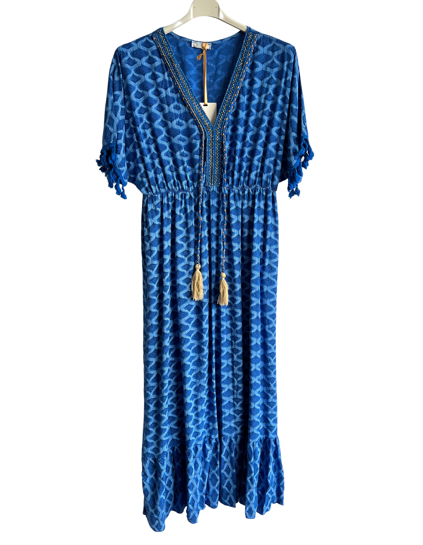 Summer Tassel Tie Dye Short Sleeve Long Maxi Dress In Royal Blue