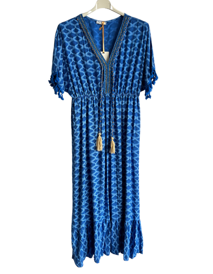 Summer Tassel Tie Dye Short Sleeve Long Maxi Dress In Royal Blue