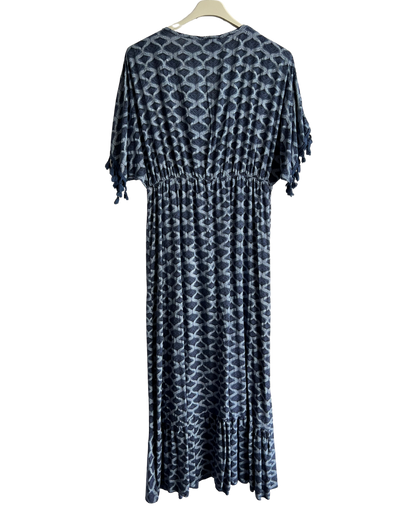 Summer Tassel Tie Dye Short Sleeve Long Maxi Dress In Navy