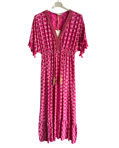 Summer Tassel Tie Dye Short Sleeve Long Maxi Dress In Fuchsia