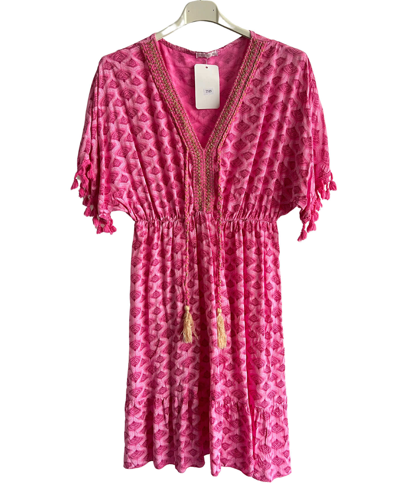 Summer Lightweight Tassel Tie Dye Mid Length Dress In Fuchsia