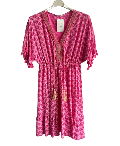 Summer Lightweight Tassel Tie Dye Mid Length Dress In Fuchsia