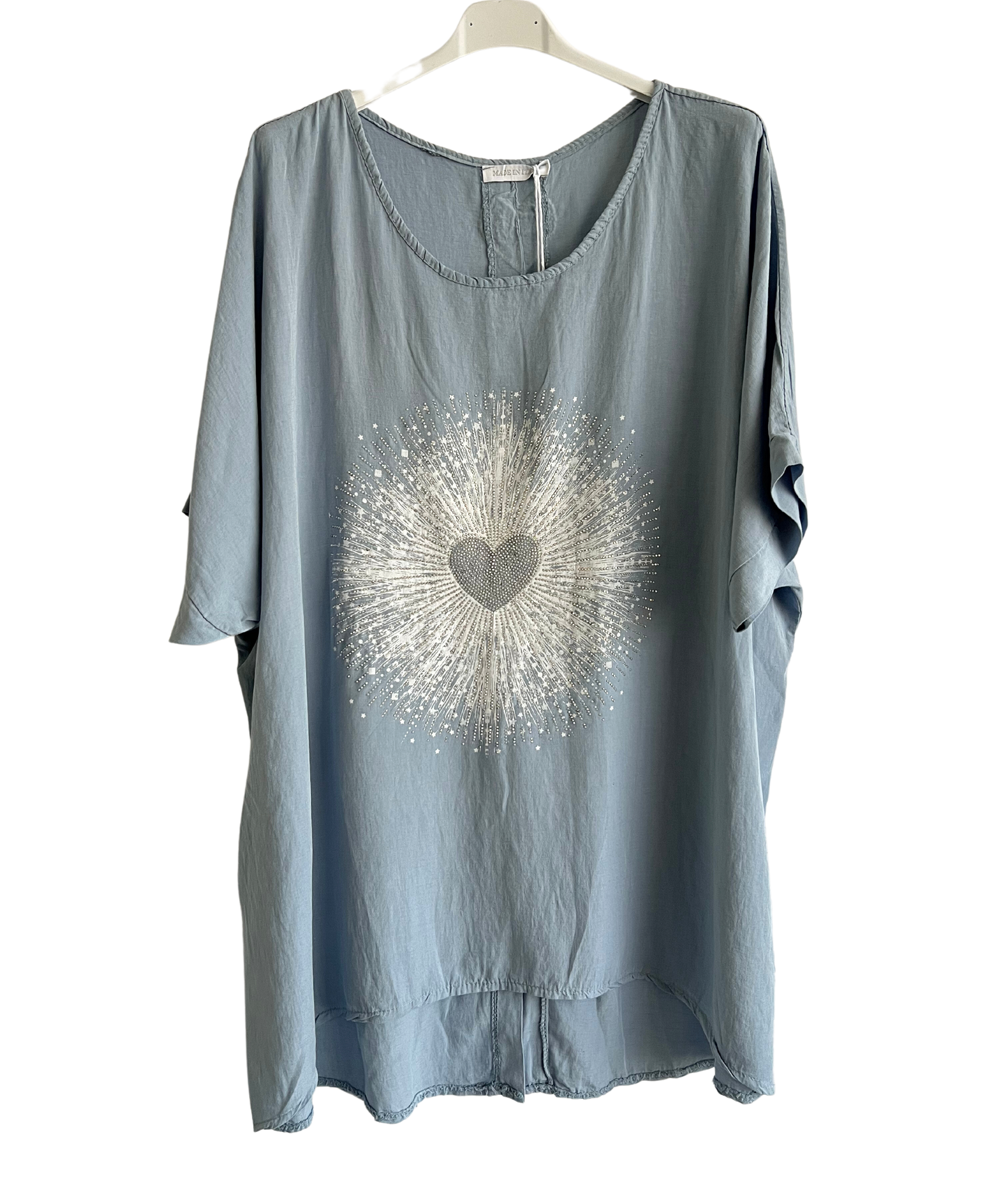 Heart Sequin Burst Effect Tie Dye Top In Light Blue