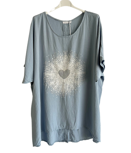 Heart Sequin Burst Effect Tie Dye Top In Light Blue