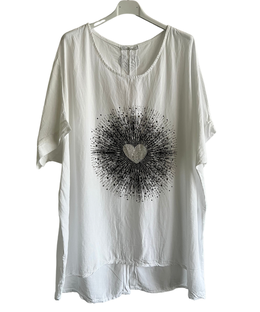 Heart Sequin Burst Effect Tie Dye Top In White