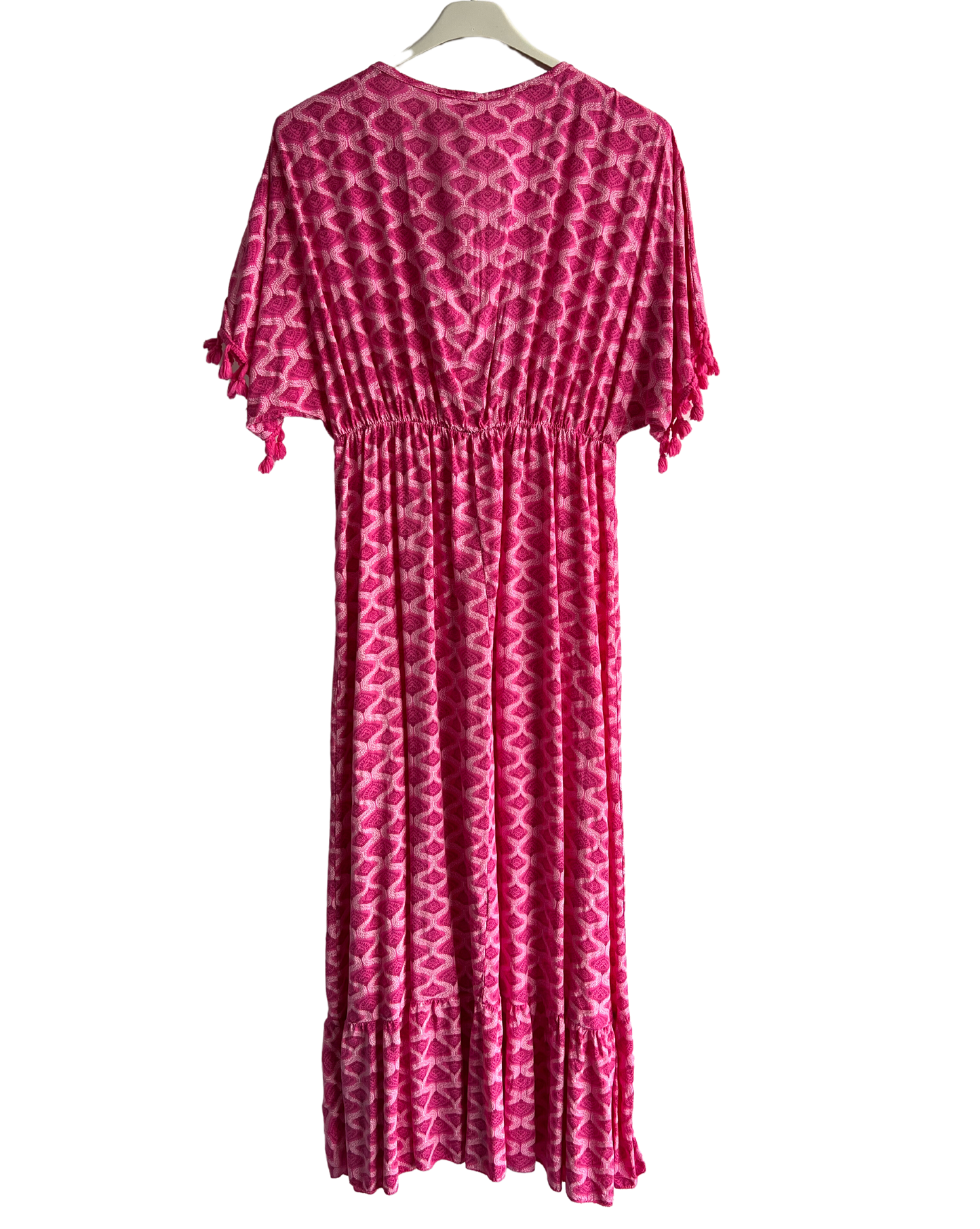 Summer Tassel Tie Dye Short Sleeve Long Maxi Dress In Fuchsia