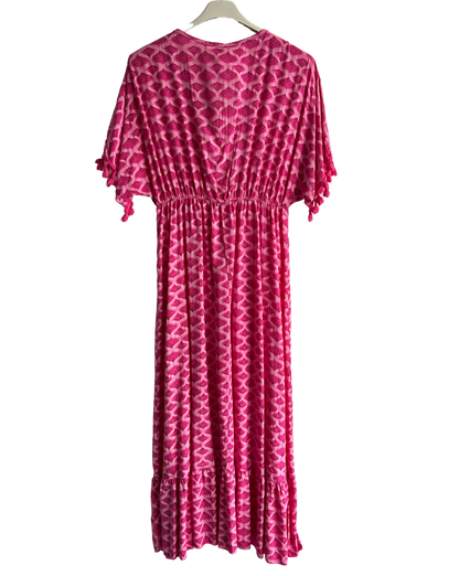 Summer Tassel Tie Dye Short Sleeve Long Maxi Dress In Fuchsia