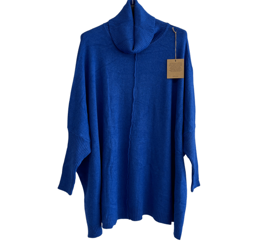 Oversized Knitted Cowl Neck Jumper with Front Seam Detail in Royal Blue