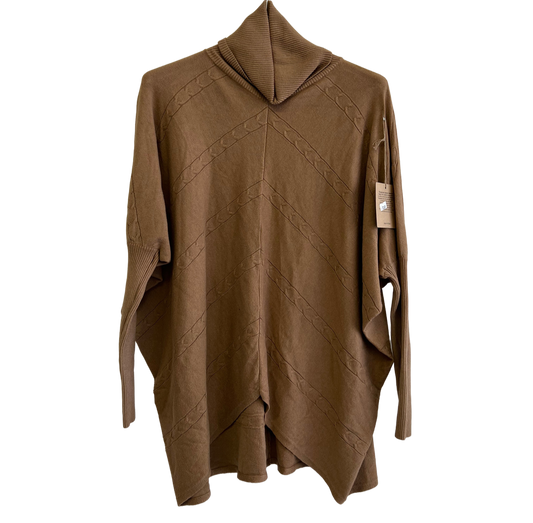 Batwing Rolled Up Neck Arrow Chain Design Jumper In Camel