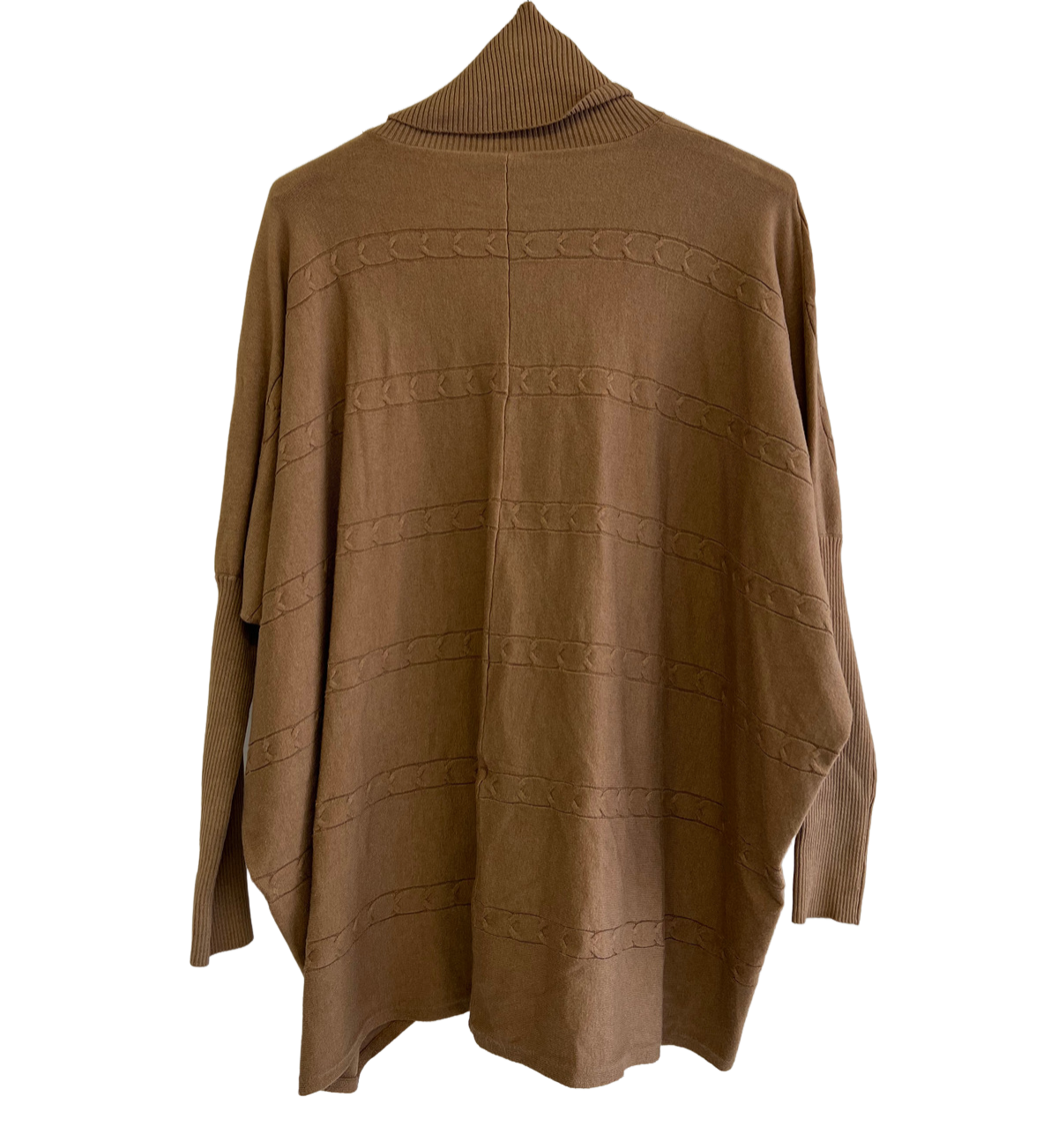 Batwing Rolled Up Neck Arrow Chain Design Jumper In Camel