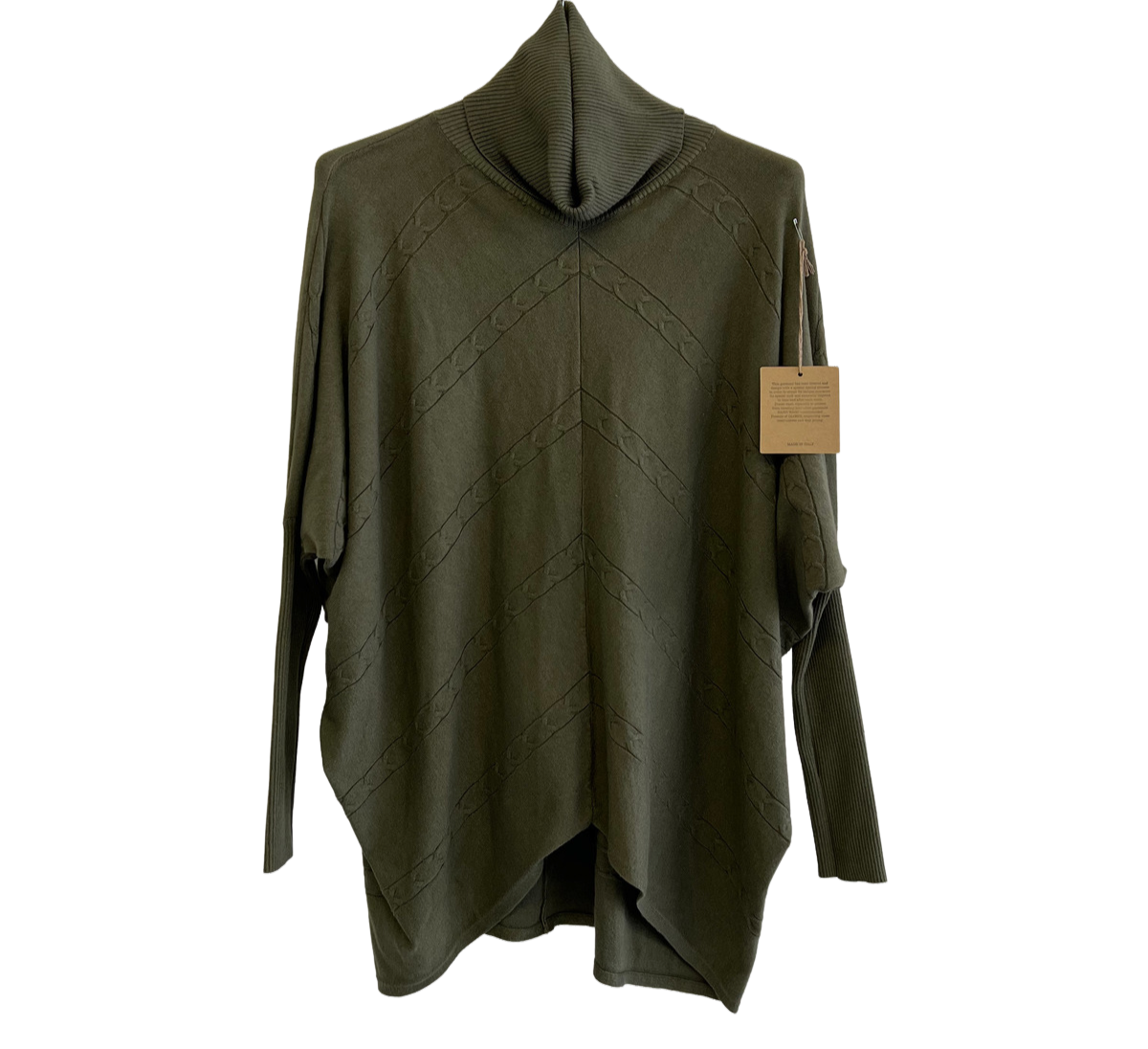 Batwing Rolled Up Neck Arrow Chain Design Jumper In Khaki