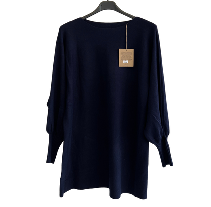 Button Back Soft Knit Cuffed Arm Scoop Neck Jumper In Navy